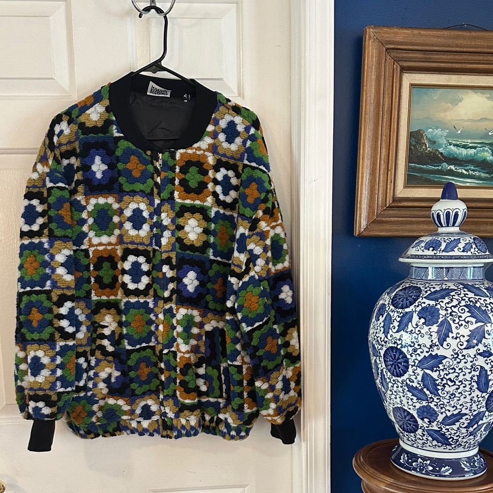 Reclaimed Vintage Unisex Polyester Blend Granny Square Full Zip Trucker Jacket
